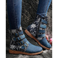 Floral Pattern Colorblock Ankle Boots - blue