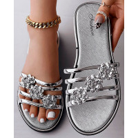 Floral Pattern Cutout Round Toe Slippers - silver