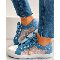 Floral Pattern Embroidery Dot Print Sneakers - Lighted Blue