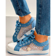 Floral Pattern Embroidery Dot Print Sneakers - Lighted Blue