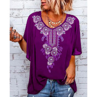 Floral Pattern Half Sleeve V-Neck T-shirt - purple