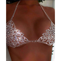 Floral Pattern Halter Rhinestone Body Chain - silver