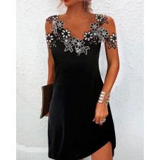 Floral Pattern Lace Patch Cold Shoulder Dress - black