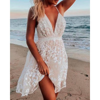 Floral Pattern Lace Plunge Mini Dress - white