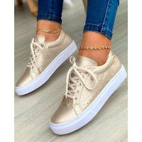 Floral Pattern Lace-up Eyelet Sneakers - gold