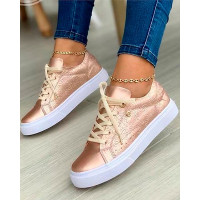 Floral Pattern Lace-up Eyelet Sneakers - rose gold