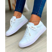 Floral Pattern Lace-up Eyelet Sneakers - white