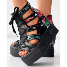 Floral Pattern Lace-up Platform Wedge Sandals - black