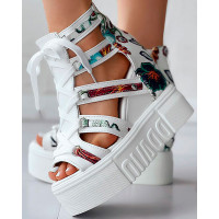 Floral Pattern Lace-up Platform Wedge Sandals - white