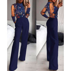 Floral Pattern Mesh Patch Wide Leg Jumpsuit - dark blue