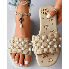 Floral Pattern Pearls Decor Slippers - Apricot