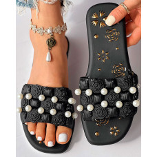 Floral Pattern Pearls Decor Slippers - black