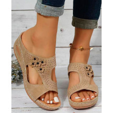 Floral Pattern Peep Toe Wedge Slippers - khaki