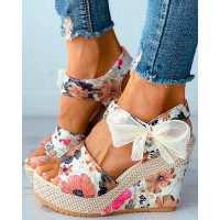 Floral Pattern Print Bowknot Decor Espadrille Wedge Sandals - beige