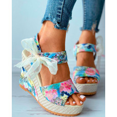 Floral Pattern Print Bowknot Decor Espadrille Wedge Sandals - blue