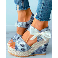 Floral Pattern Print Bowknot Decor Espadrille Wedge Sandals - gray