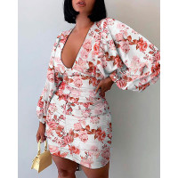 Floral Pattern Print Deep-V Ruched Bodycon Dress - pink