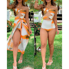 Floral Pattern Print O-Ring One Piece Swimsuit With Cover Up - orange