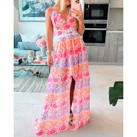 Floral Pattern Print Slit Sleeveless Maxi Dress - hot pink