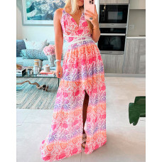 Floral Pattern Print Slit Sleeveless Maxi Dress - hot pink