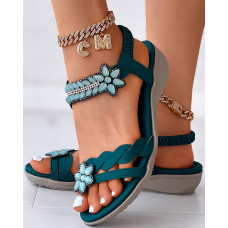 Floral Pattern Rhinestone Summer Beach Sandals - green