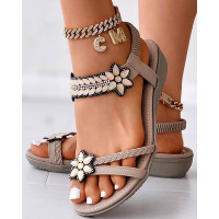 Floral Pattern Rhinestone Summer Beach Sandals - khaki