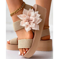 Floral Pattern Slingback Platform Wedge Sandals - Apricot