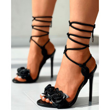 Floral Pattern Slingback Strappy Heels - black