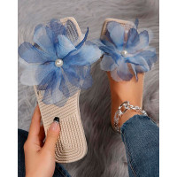 Floral Pattern Square Toe Platform Slippers - blue