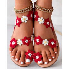 Floral Pattern Toe Post Beach Sandals - red