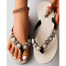 Floral Pattern Toe Post Flip Flops - black