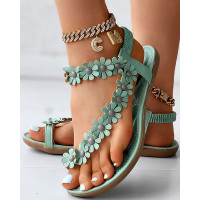 Floral Pattern Toe Post Sandals - green