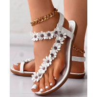 Floral Pattern Toe Post Sandals - white