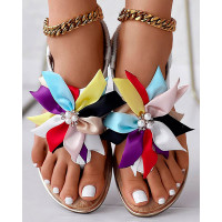 Floral Pattern Toe Post Wedge Sandals - white