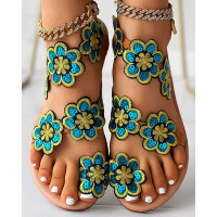 Floral Pattern Toe Ring Beach Sandals - blue