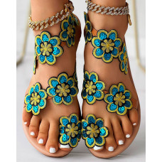 Floral Pattern Toe Ring Beach Sandals - blue