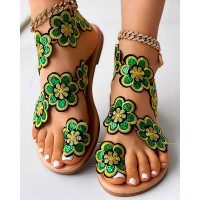 Floral Pattern Toe Ring Beach Sandals - green