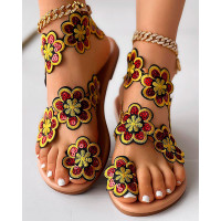 Floral Pattern Toe Ring Beach Sandals - red