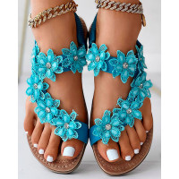 Floral Pattern Toe Ring Slingback Beach Sandals - blue