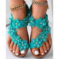 Floral Pattern Toe Ring Slingback Beach Sandals - green