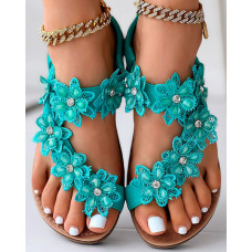 Floral Pattern Toe Ring Slingback Beach Sandals - green