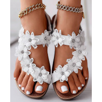 Floral Pattern Toe Ring Slingback Beach Sandals - white