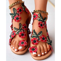 Floral Pattern Toe Ring Summer Sandals - red