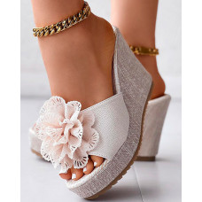 Floral Pattern Wedge Slipper Summer Sandals - beige