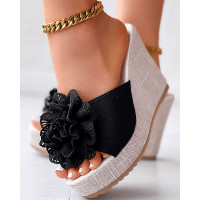 Floral Pattern Wedge Slipper Summer Sandals - black