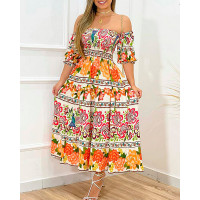 Floral Peacock Print Off Shoulder Puff Sleeve Shirred Dress - Multicolor