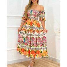 Floral Peacock Print Off Shoulder Puff Sleeve Shirred Dress - Multicolor