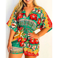 Floral Pineapple Print V-Neck Drawstring Romper - Multicolor