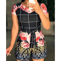 Floral Plaid Baroque Print Short Sleeve Romper - black