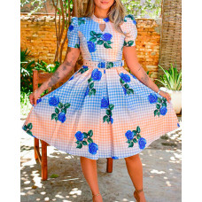 Floral Plaid Print Puff Sleeve Belted Dress - blue